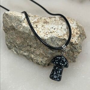 Black and White Snowflake Obsidian Mushroom Pendant Necklace